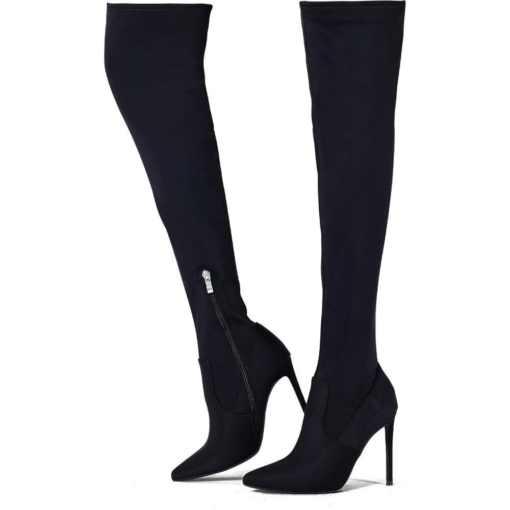 Women Black Neoprene Suede Pointed Toe 4.3 inch Stilettos Thigh High Heels Boots